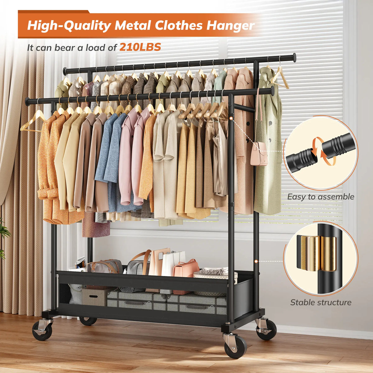 Heavy Duty Clothing Racks with Net Pocket Holds Up to 210lbs,Double Rod Metal Clothes Rack for Hanging, Rolling Garment Rack with Wheels Portable Closet Racks for Bedroom, Laundry Room,Dorm, Black, White, Gold