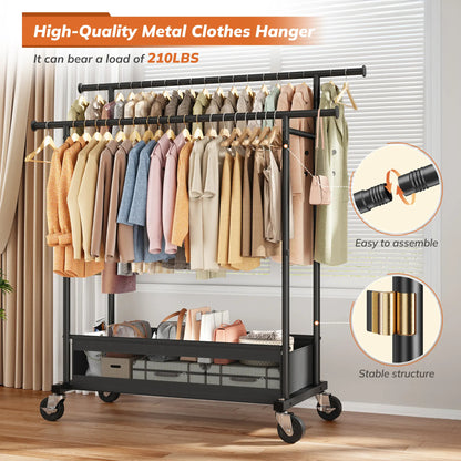 Heavy Duty Clothing Racks with Net Pocket Holds Up to 210lbs,Double Rod Metal Clothes Rack for Hanging, Rolling Garment Rack with Wheels Portable Closet Racks for Bedroom, Laundry Room,Dorm, Black, White, Gold