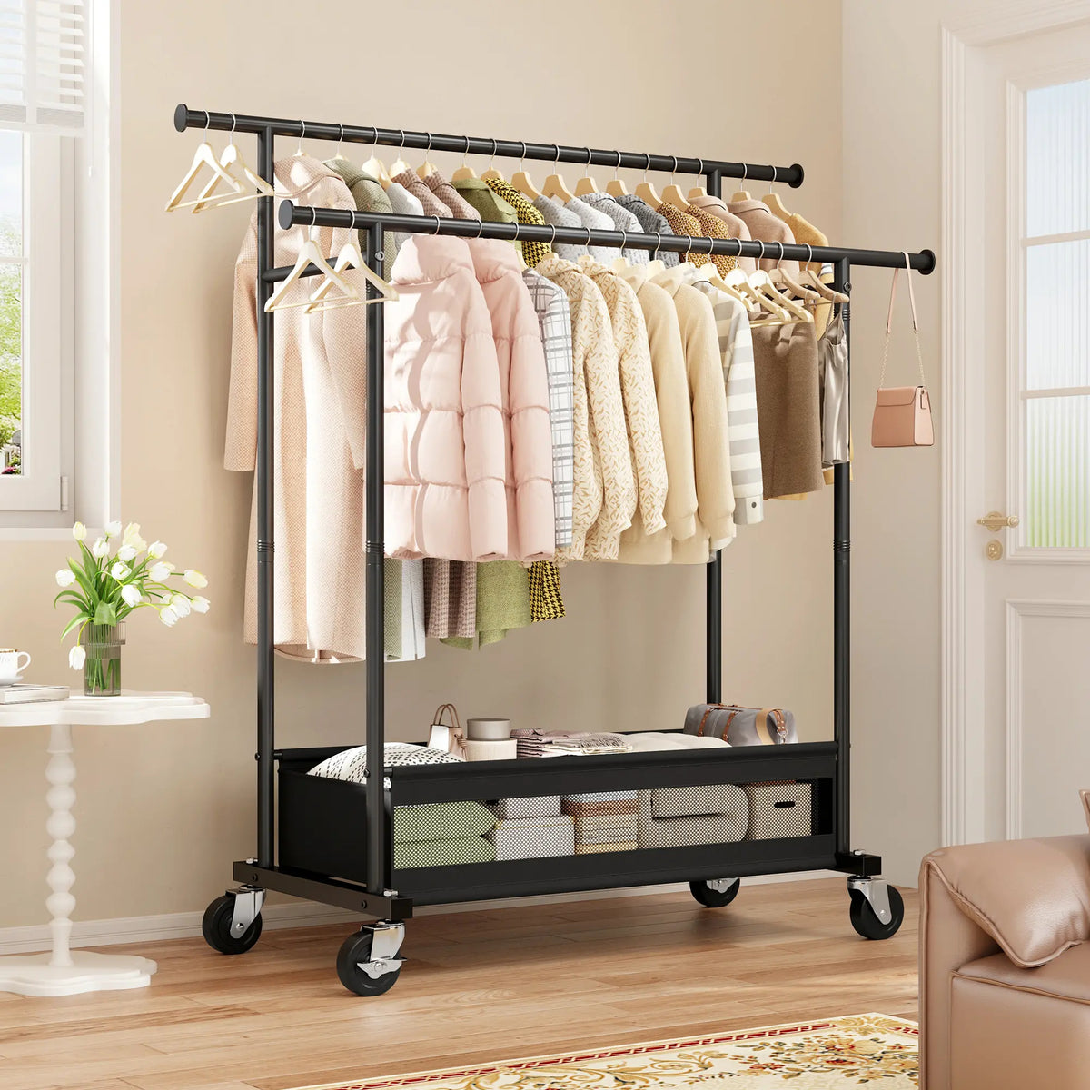 Heavy Duty Clothing Racks with Net Pocket Holds Up to 210lbs,Double Rod Metal Clothes Rack for Hanging, Rolling Garment Rack with Wheels Portable Closet Racks for Bedroom, Laundry Room,Dorm, Black, White, Gold