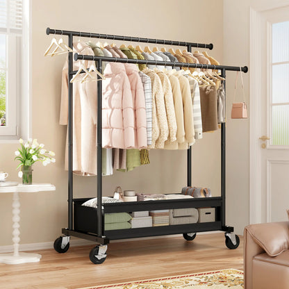 Heavy Duty Clothing Racks with Net Pocket Holds Up to 210lbs,Double Rod Metal Clothes Rack for Hanging, Rolling Garment Rack with Wheels Portable Closet Racks for Bedroom, Laundry Room,Dorm, Black, White, Gold