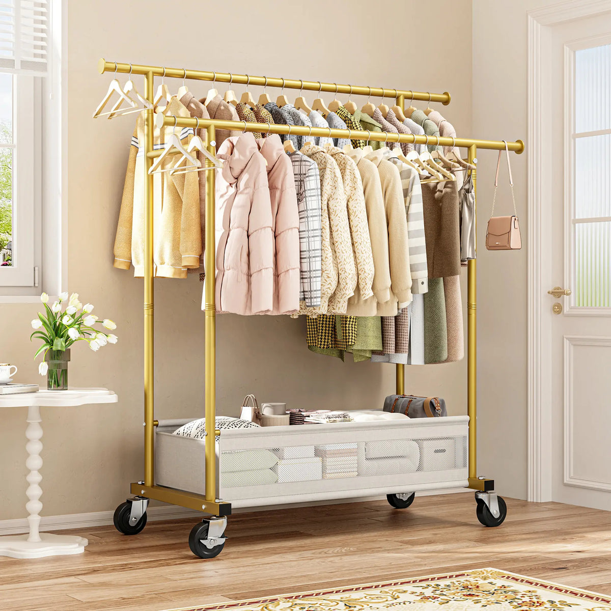 Heavy Duty Clothing Racks with Net Pocket Holds Up to 210lbs,Double Rod Metal Clothes Rack for Hanging, Rolling Garment Rack with Wheels Portable Closet Racks for Bedroom, Laundry Room,Dorm, Black, White, Gold