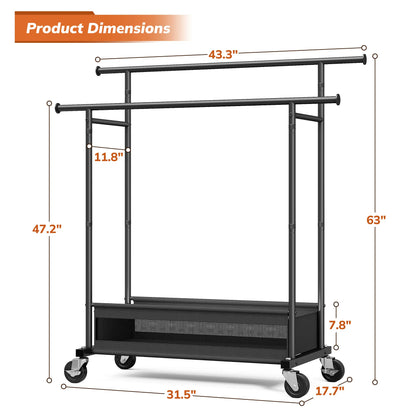 Heavy Duty Clothing Racks with Net Pocket Holds Up to 210lbs,Double Rod Metal Clothes Rack for Hanging, Rolling Garment Rack with Wheels Portable Closet Racks for Bedroom, Laundry Room,Dorm, Black, White, Gold