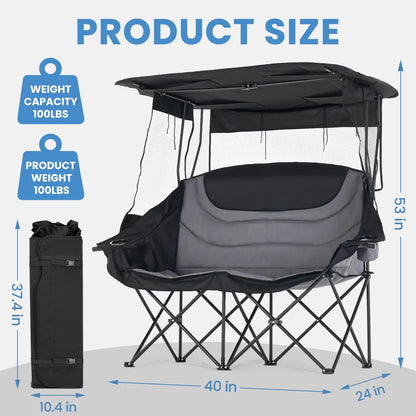 Oversized Folding Camping Loveseat with Shade Canopy – Padded Outdoor Double Chair for Camping, Picnics & Backyard Relaxing