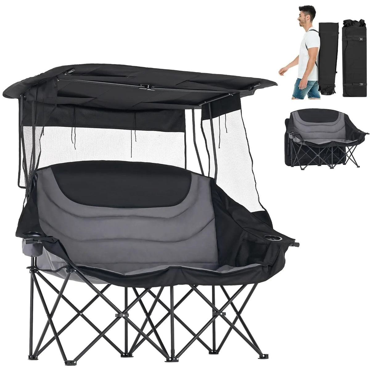 Oversized Folding Camping Loveseat with Shade Canopy – Padded Outdoor Double Chair for Camping, Picnics & Backyard Relaxing