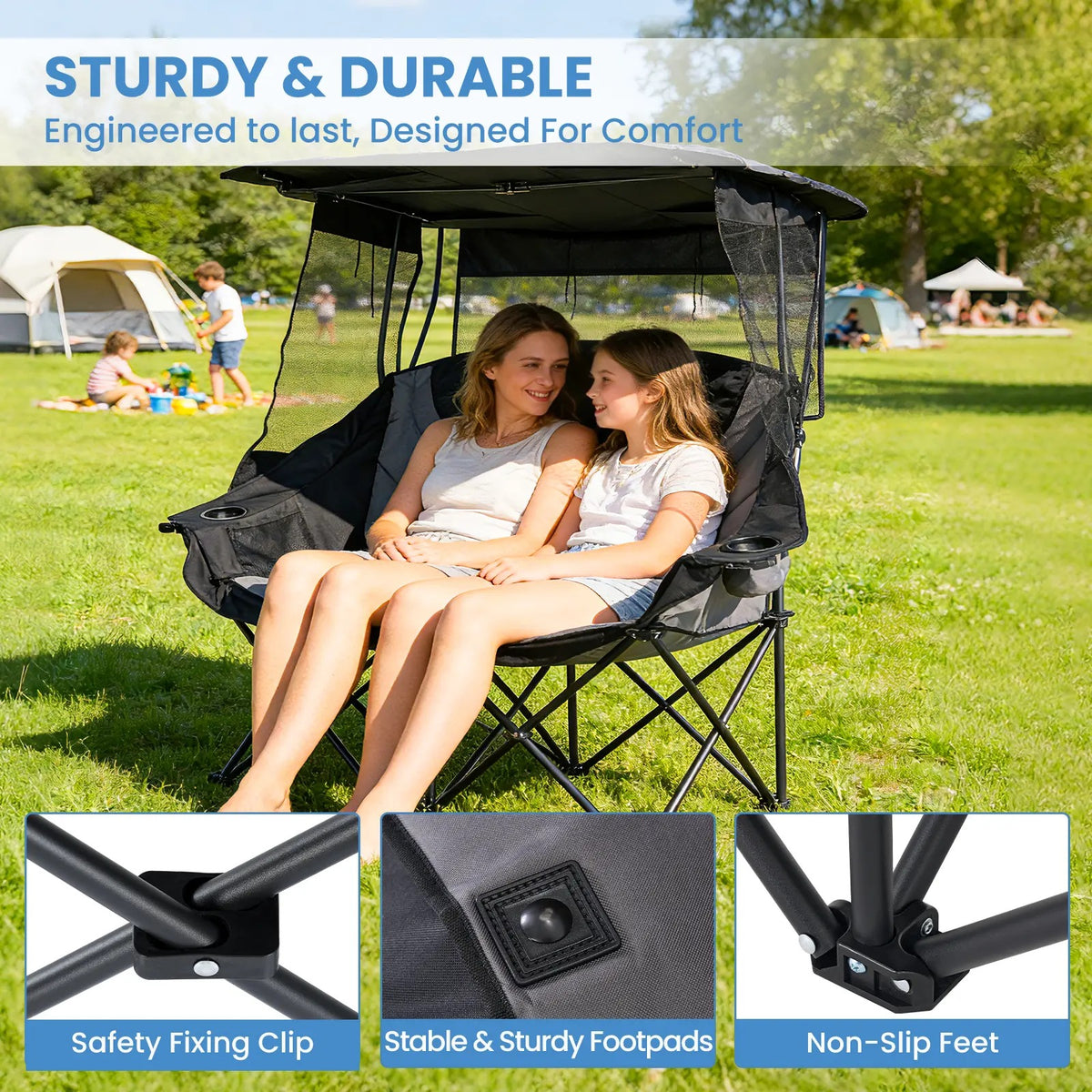 Oversized Folding Camping Loveseat with Shade Canopy – Padded Outdoor Double Chair for Camping, Picnics & Backyard Relaxing