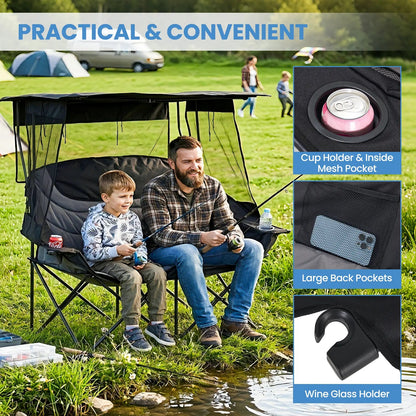 Oversized Folding Camping Loveseat with Shade Canopy – Padded Outdoor Double Chair for Camping, Picnics & Backyard Relaxing