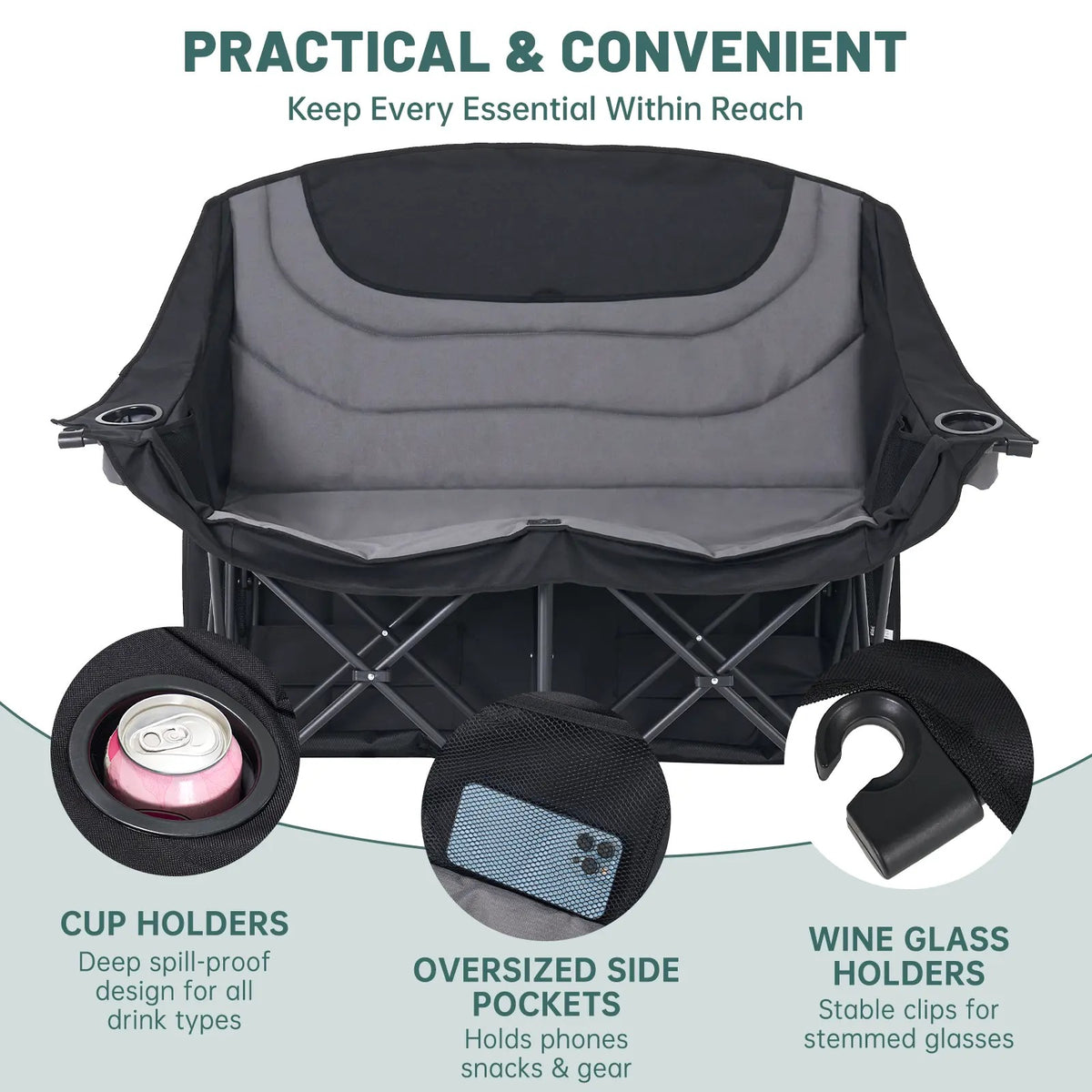 Oversized Folding Camping Loveseat with Shade Canopy – Padded Outdoor Double Chair for Camping, Picnics & Backyard Relaxing