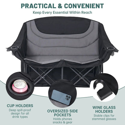 Oversized Folding Camping Loveseat with Shade Canopy – Padded Outdoor Double Chair for Camping, Picnics & Backyard Relaxing