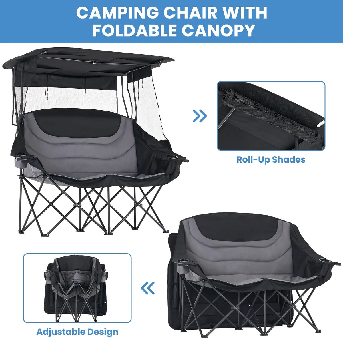 Oversized Folding Camping Loveseat with Shade Canopy – Padded Outdoor Double Chair for Camping, Picnics & Backyard Relaxing