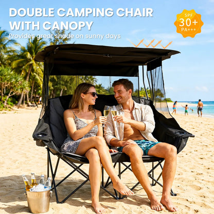 Oversized Folding Camping Loveseat with Shade Canopy – Padded Outdoor Double Chair for Camping, Picnics & Backyard Relaxing